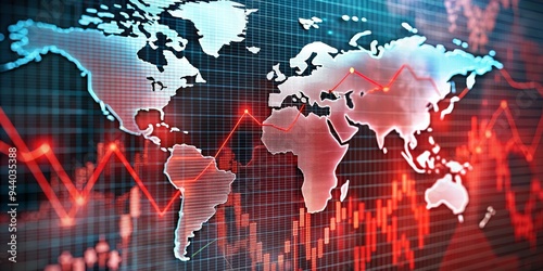 Global Economic Downturn A World Map with Red Lines and Charts Showing a Decline in Global Market Values photo