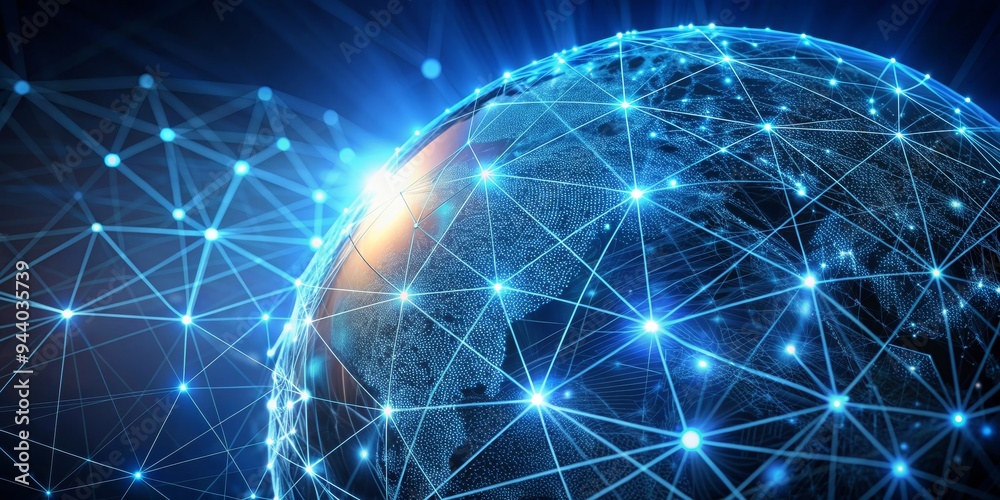 Global Network A 3D Digital Rendering of a Connected Earth with Bright Blue Lines and Nodes, Representing Communication and Global Network A 3D Digital Rendering of a Connected Earth with Bright Blue Lines and Nodes, Representing Communication and