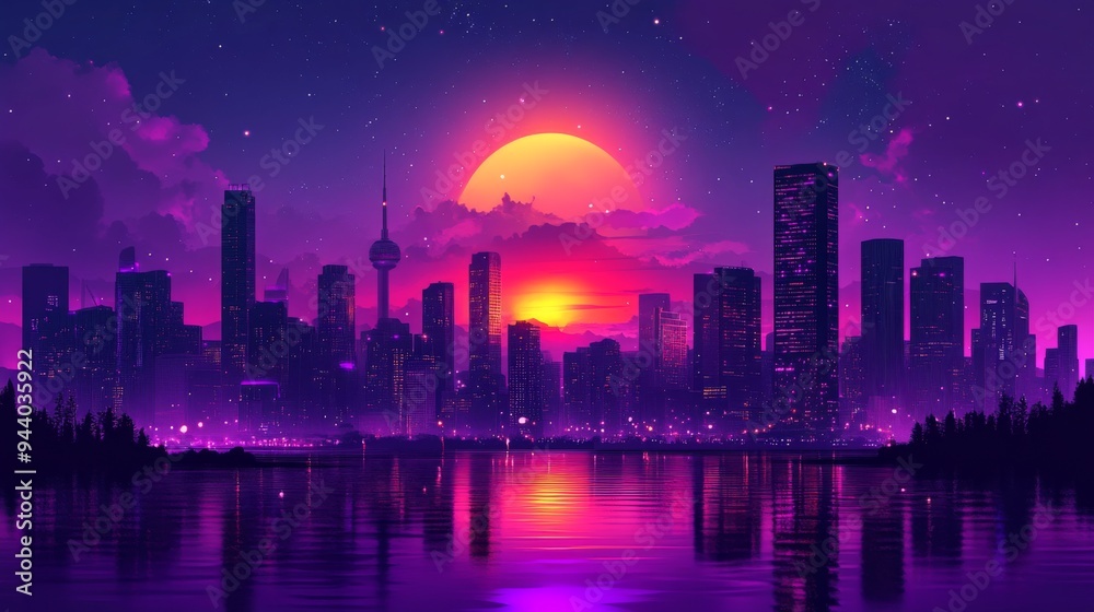 Vibrant Neon Cityscape at Sunset Vibrant Neon Cityscape at Sunset
