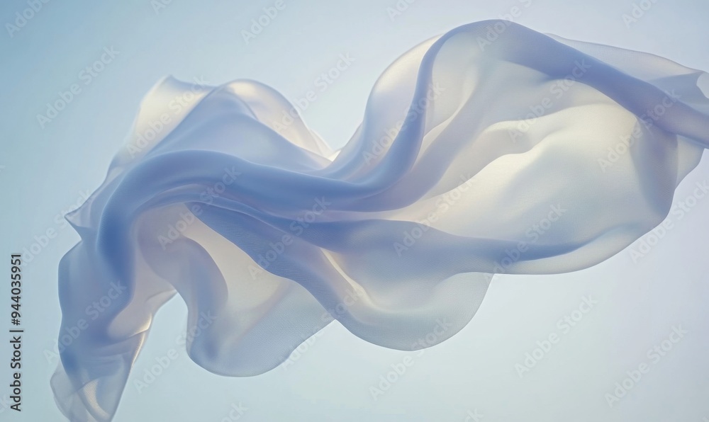Obraz premium Ethereal Flying White Silk: Abstract Elegance for Luxury Marketing. Graceful Fabric Motion Capturing Freedom and Purity. Minimalist Artistic Template with Copy Space for High-End Graphic Design, Web B