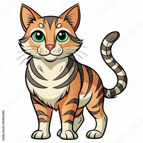 A cartoon tabby cat with green eyes and a striped tail