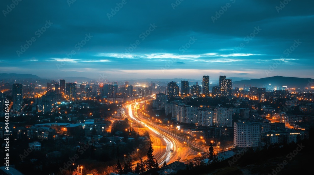 Fototapeta premium Cityscape at Dusk with Light Trails