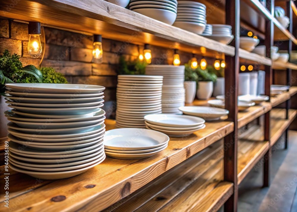 Clean, empty, and neatly arranged white plates stacked on a rustic wooden shelf in a cozy restaurant, awaiting the arrival of savory culinary creations. Clean, empty, and neatly arranged white plates stacked on a rustic wooden shelf in a cozy restaurant, awaiting the arrival of savory culinary creations.