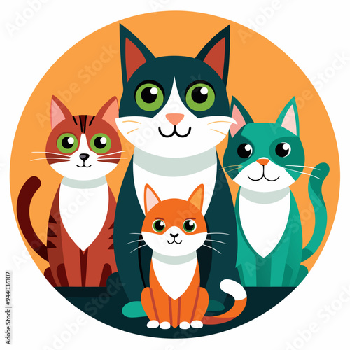 Four Cats with Different Fur Colors Sitting in a Circle