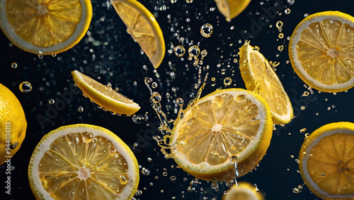 Lemon slices splashing into water, capturing the freshness and vitality of citrus
