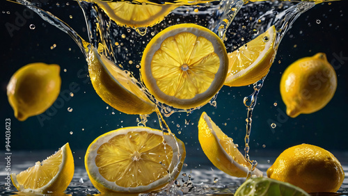 Lemon slices splashing into water, capturing the freshness and vitality of citrus