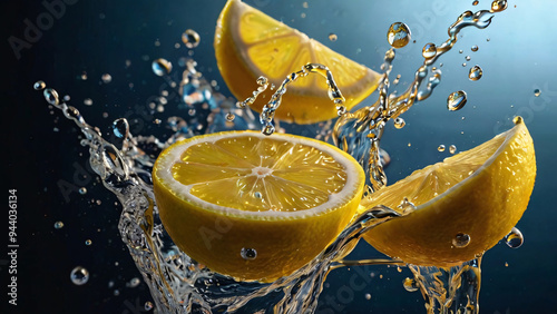 Lemon slices splashing into water, capturing the freshness and vitality of citrus
