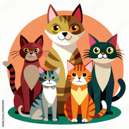 Five Colorful Cats Sitting Together in a Friendly Pose