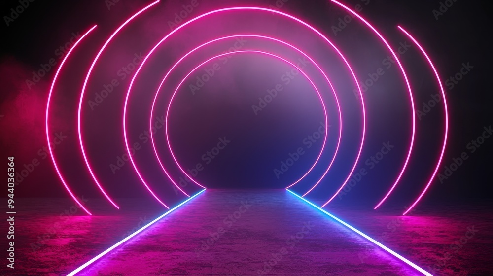 Bright laser beams forming concentric circles, vivid neon colors, dynamic and futuristic stage setup Bright laser beams forming concentric circles, vivid neon colors, dynamic and futuristic stage setup