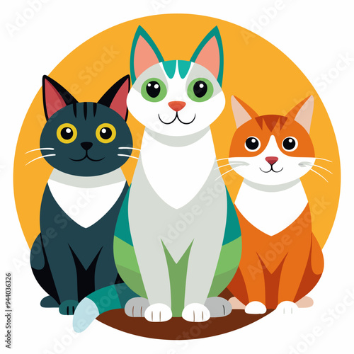 Three Smiling Cats Sitting Together in a Circle