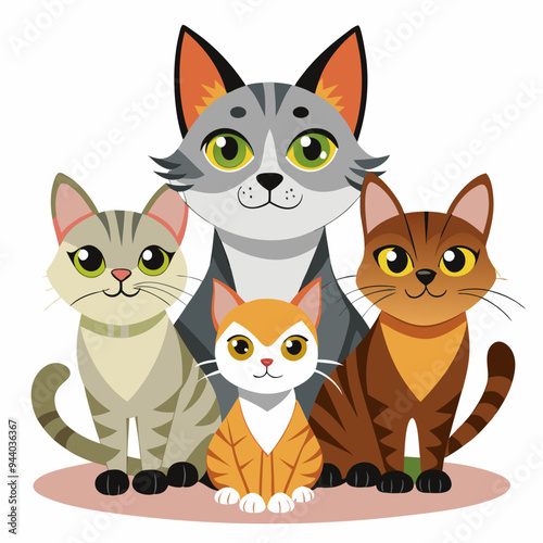 Four Cartoon Cats Sitting Together in a Row
