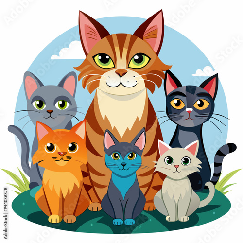 Five Cartoon Cats Posing Together in a Garden Setting