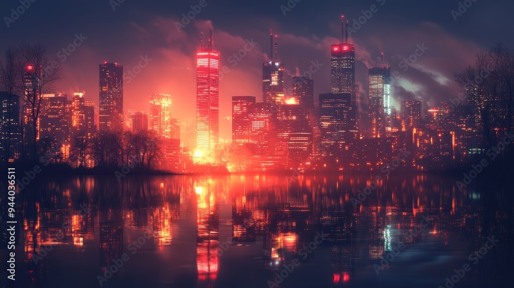 Cityscape at Night with Fiery Glow