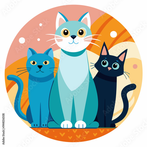 Three Cats Sitting Together on a Colorful Background