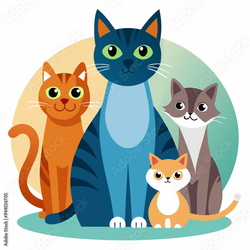 Four Cartoon Cats Sitting in a Row on a Green Patch
