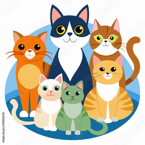 Five Cartoon Cats Sitting Together in a Circle