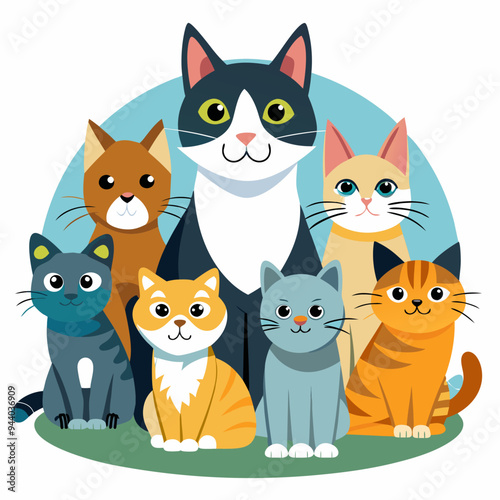 A Group of Six Cartoon Cats Sitting Together