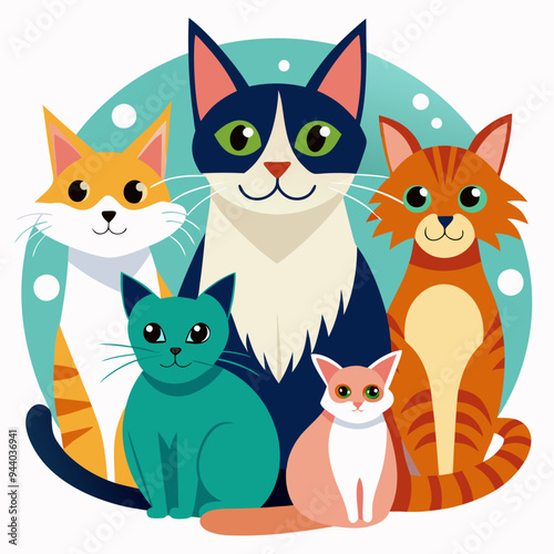 Five Cartoon Cats Sitting In A Circle