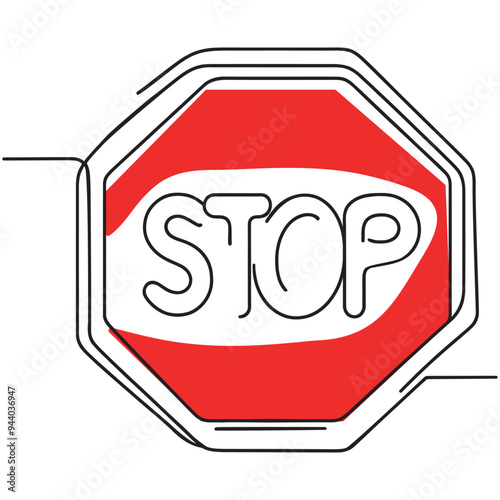 Continuous one line drawing. Stop sign text. Vector illustration.