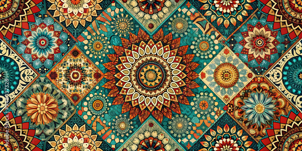 Kaleidoscopic Tapestry: A symphony of vibrant colors and intricate floral mandalas dance across this captivating textile design. 