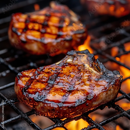 Close-up of a perfectly grilled pork chop on a hot grill.
