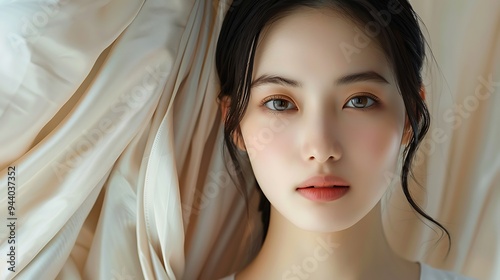 Japanese model against a background of luxurious silk fabric, showcasing smooth skin, soft light, serene expression, hd quality, natural look, elegant and refined, vibrant hues, photo