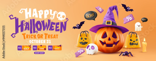 Halloween Sale Promotion Poster template with Halloween pumpkins,cute ghost,coupon,shopping bag .Website spooky or banner template. Vector illustration eps 10