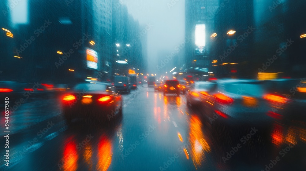 Obraz premium Blurred cityscape with stalled cars during a heavy downpour, creating an abstract and atmospheric visual impression. 