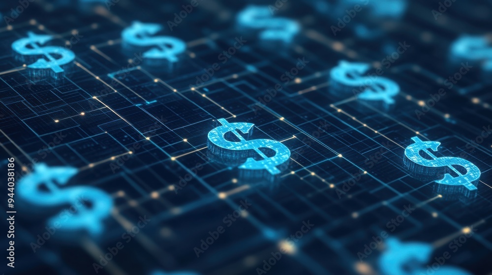 Obraz premium A digital network with currency streams flowing into different accounts, symbolizing automated budget distribution