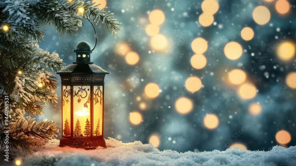 Christmas scene with a lantern, trees and blurred lights background. Christmas background Christmas scene with a lantern, trees and blurred lights background. Christmas background