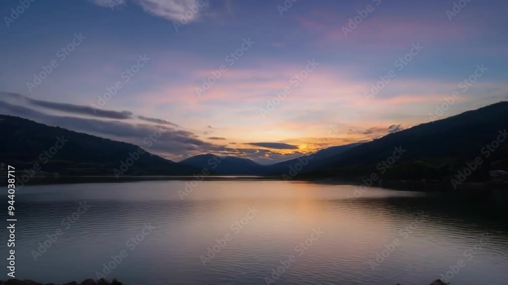 A tranquil lake at sunset, reflecting colorful skies and mountains, conveying a serene, peaceful atmosphere A tranquil lake at sunset, reflecting colorful skies and mountains, conveying a serene, peaceful atmosphere