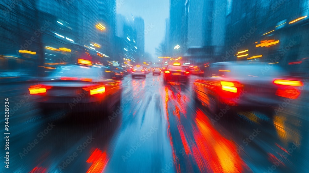 Blurred cityscape with stalled cars during a heavy downpour, creating an abstract and atmospheric visual impression. 