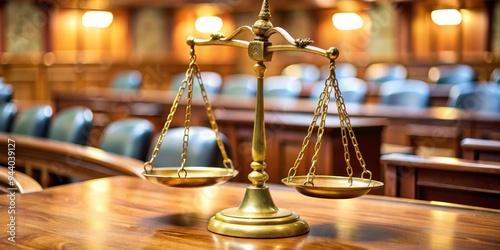 Golden Scales of Justice in a Courtroom - Brass, Chains, Wooden Table, Concept of Law and Order photo