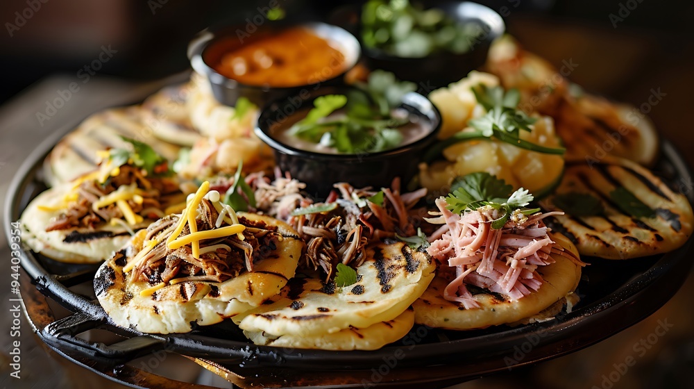 Grilled Arepas with Chicken, beef and Ham topping Grilled Arepas with Chicken, beef and Ham topping