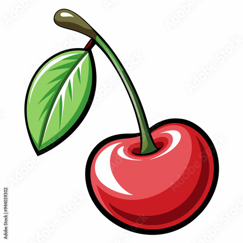 A Single, Shiny Red Cherry with a Green Leaf and Stem