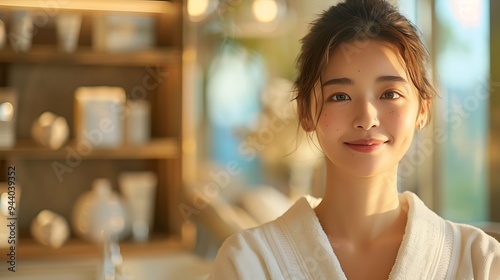 Japanese model in a chic, contemporary Japanese room, using skincare products, soft sunlight, serene expression, elegant furniture, hd quality, natural look, smooth and radiant skin, clean lines,