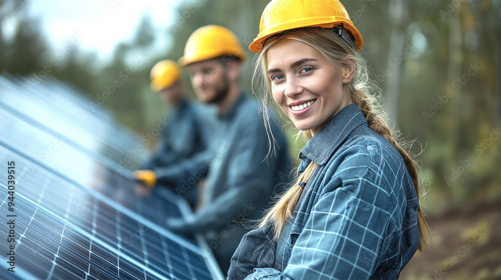 Smiling engineer inspecting solar panels in a modern renewable energy plant, sustainable innovation
Smiling engineer inspecting solar panels in a modern renewable energy plant, sustainable innovation