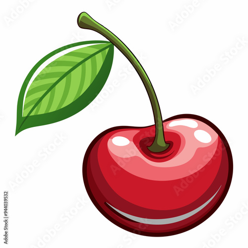 A Single Red Cherry with a Green Leaf and Stem