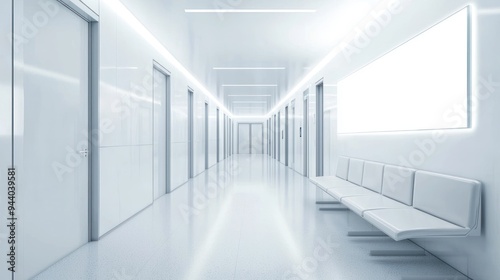 Modern white corridor interior with empty white mock up banner, seats and doors. Hospital or office concept. 3D Rendering