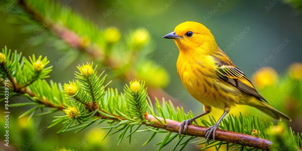 Golden Warbler Perched on a Pine Branch A Close-Up View Golden Warbler Perched on a Pine Branch A Close-Up View