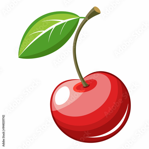 Single Red Cherry with Green Leaf and Stem