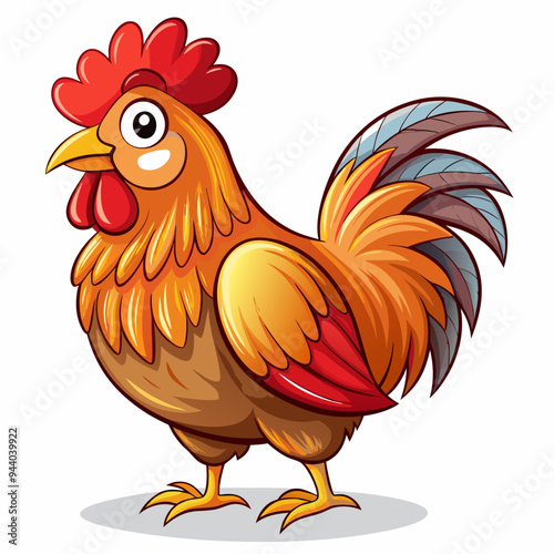 Cartoon Rooster Illustration with Red Comb and Tail Feathers