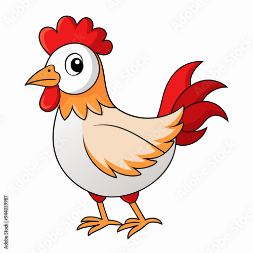 Cartoon Illustration of a White Rooster with Orange and Red Feathers