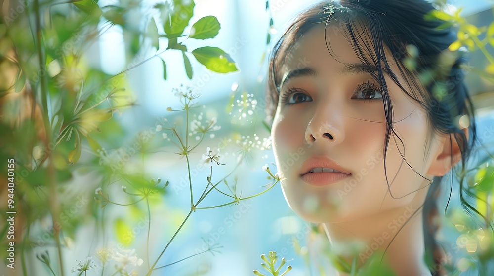 Japanese model in a setting filled with natural skincare ingredients like green tea, rice bran, and seaweed, using serum, soft morning light, serene and peaceful expression, hd quality, natural look, Japanese model in a setting filled with natural skincare ingredients like green tea, rice bran, and seaweed, using serum, soft morning light, serene and peaceful expression, hd quality, natural look,