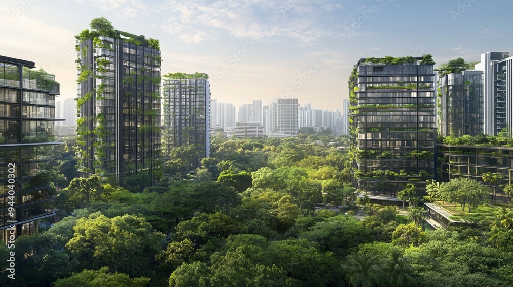 Obraz premium City skylines blend glass and greenery, showcasing modern architecture that seamlessly integrates with nature. Urban landscapes embrace eco-friendly designs