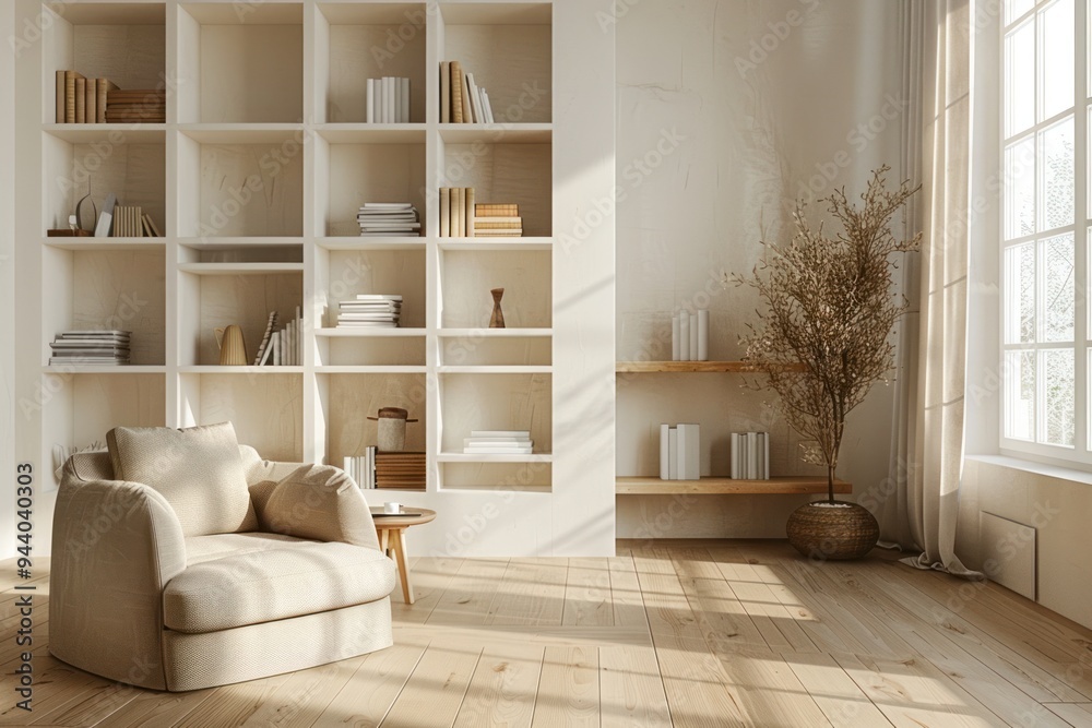 Fototapeta premium A white room with a chair and a bookshelf