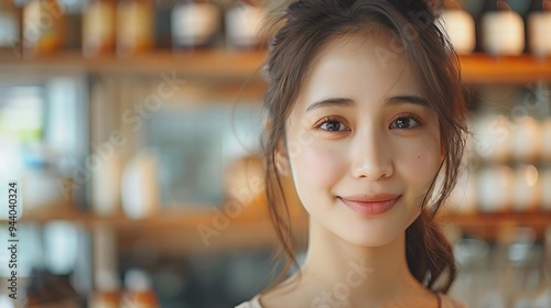 Japanese model in a stylish urban cafe, using skincare serum, soft morning light, serene and tranquil expression, hd quality, natural look, modern and chic atmosphere, smooth skin, elegant simplicity.