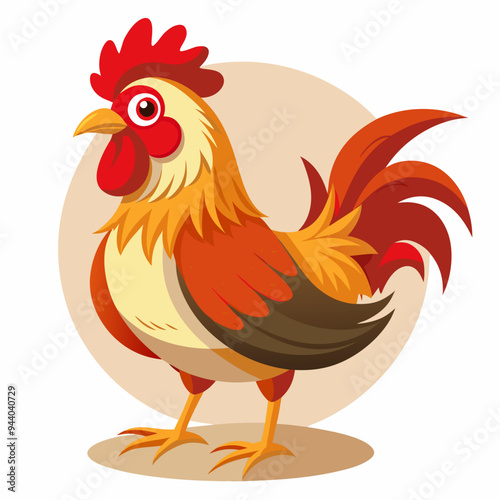 Colorful Cartoon Rooster with Red Comb and Tail Feathers
