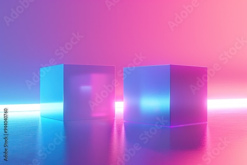 Two cubes are floating in a blue and purple background
