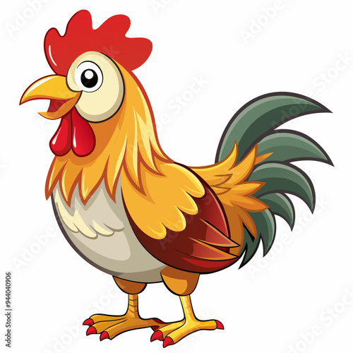 Cartoon Rooster with Red Comb, Yellow Feathers, and Green Tail